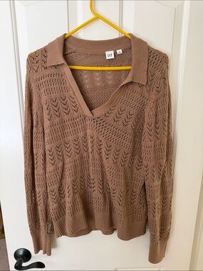 GAP Women's Taupe Open-Knit Polo V-Neck Sweater Top